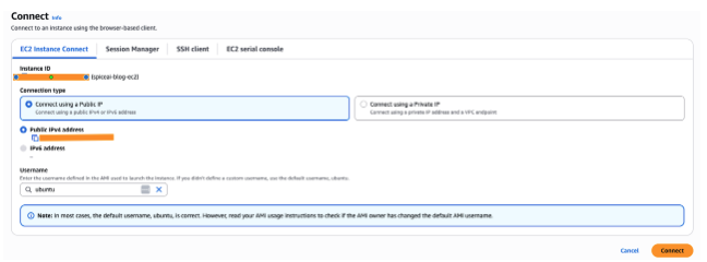 1.Open a new terminal session on the EC2 instance with EC2 Instance Connect.